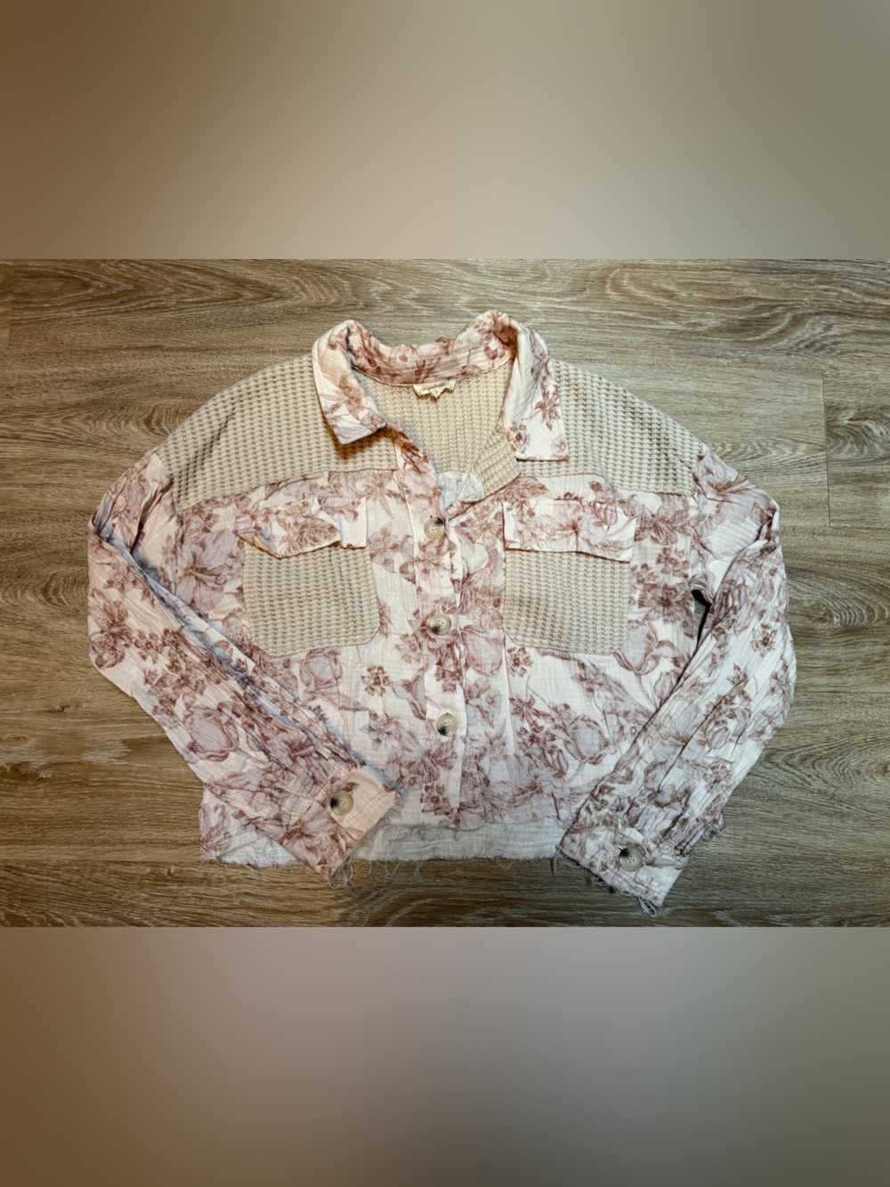 Mystree Floral Button-Front Teddy Jacket in Blush and Cream